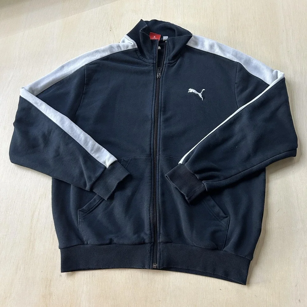 Puma Track Jacket Mens Medium Black Full Zip Pockets Colorblock Sport Athletic